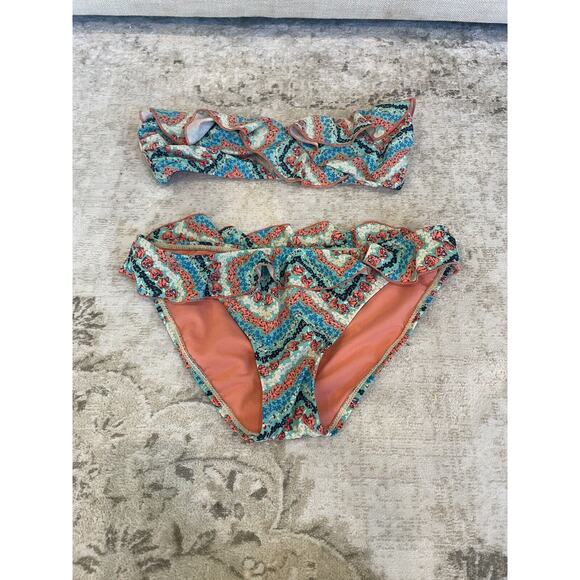 Vanessa Mooney Strapless Blue And Orange Floral‎ Bikini Size Large - Picture 1 of 5